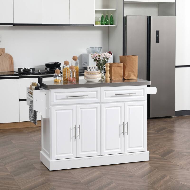 Portable Kitchen Cart with Stainless Steel Top, 2 Drawers, Spice & Knife Rack, Towel Rack - 57"
