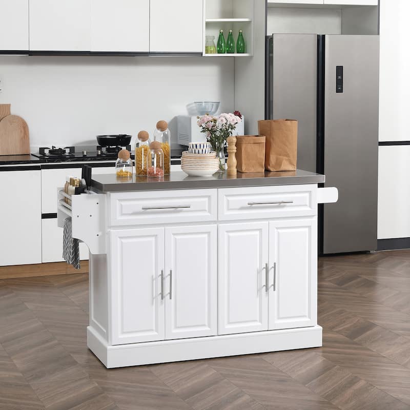 Rolling Kitchen Island on Wheels with Stainless Steel Top, Portable Kitchen Cart with Spice Rack, Knife Rack and Towel Rack - White