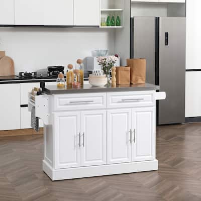 Rolling Kitchen Island on Wheels with Stainless Steel Top, Portable Kitchen Cart with Spice Rack, Knife Rack and Towel Rack