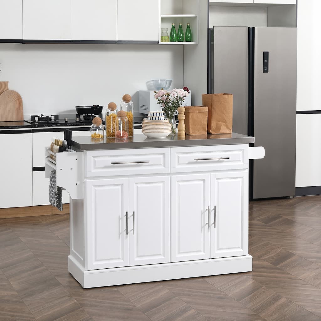 Rolling Kitchen Island on Wheels with Stainless Steel Top, Portable Kitchen Cart with Spice Rack, Knife Rack and Towel Rack