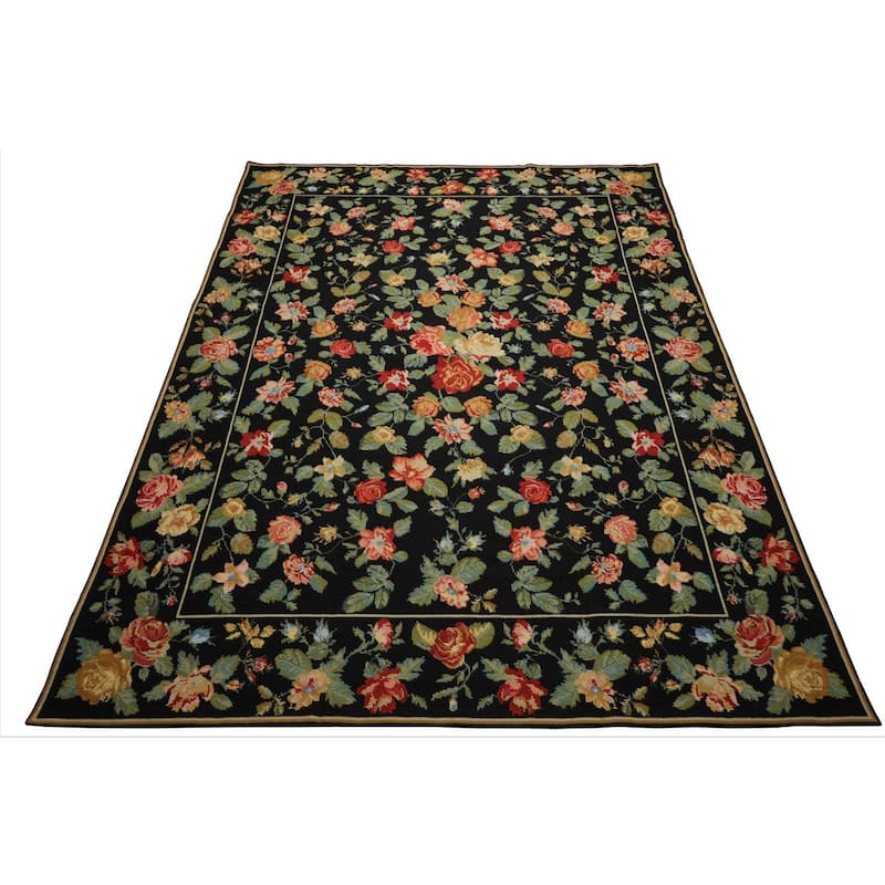 9x12 Hand Woven Wool Black Portugese Needlepoint Traditional Area Rug - 9' x 12'