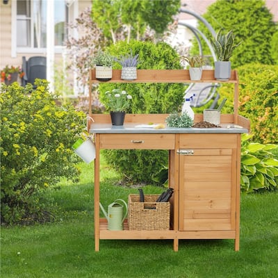Yaheetech Fir Wood Potting Bench with Metal Tabletop