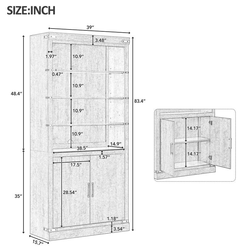 83.4" Tall Modern Bookshelf with Doors, Farmhouse Bookcase with 3-Tier Adjustable Shelves, Display Shelves with LED Light