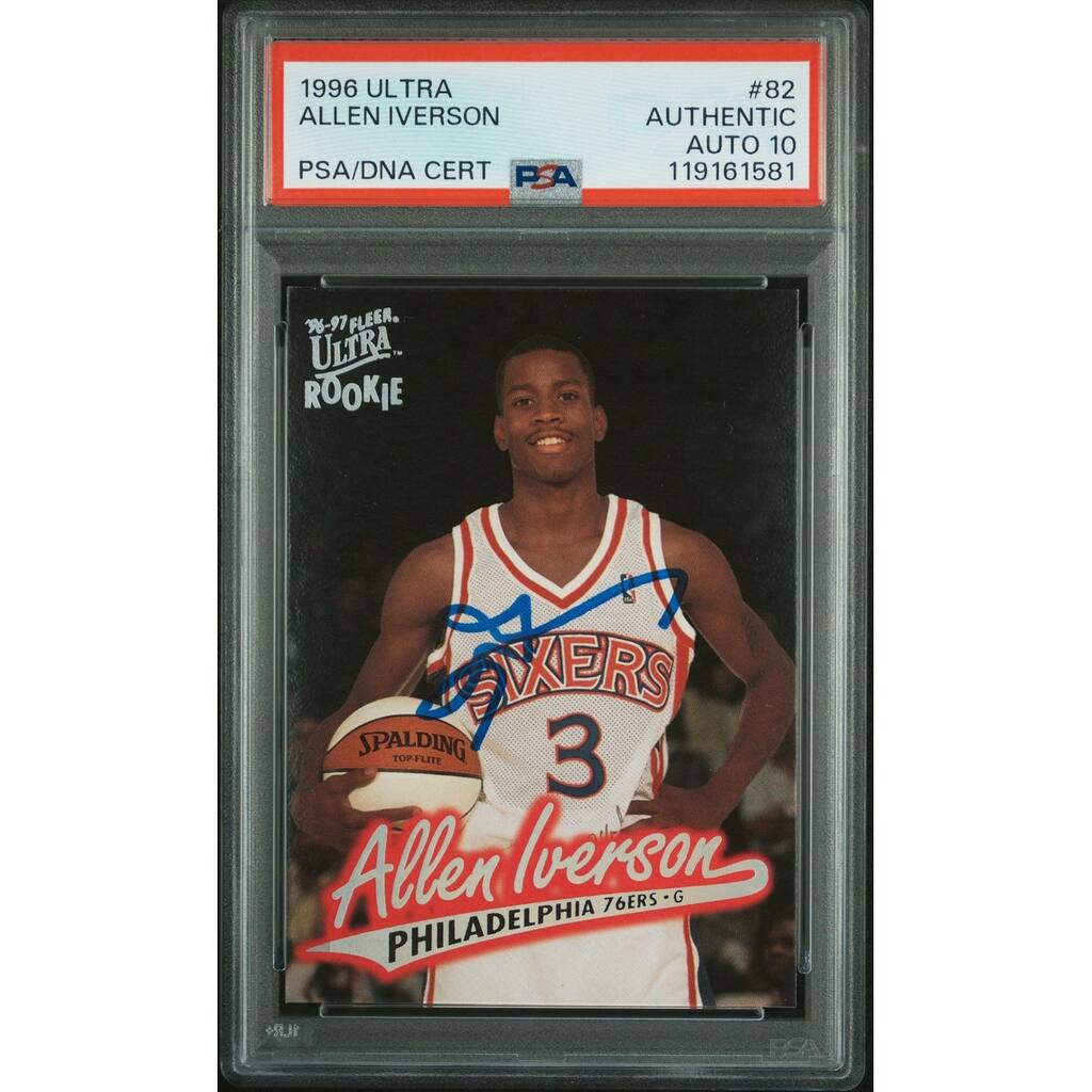 Allen Iverson 1996 Fleer Ultra Signed Basketball Rookie Card #82 Auto Graded PSA 10 Cert # 119161581 - 8' x 11'