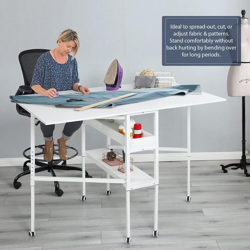 Height Adjustable Craft Table with Storage Shelves, Mobile Folding Cutting Table for Home Office Sewing Room Craft Room - Off-White