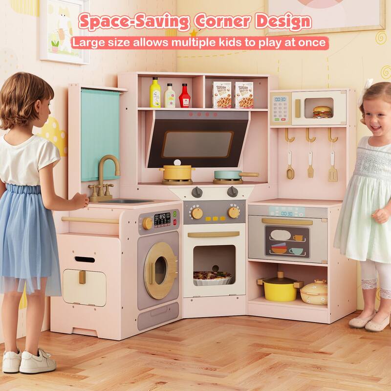 Gymax Corner Kitchen w/ Lights & Sounds Interactive Wooden Playset for