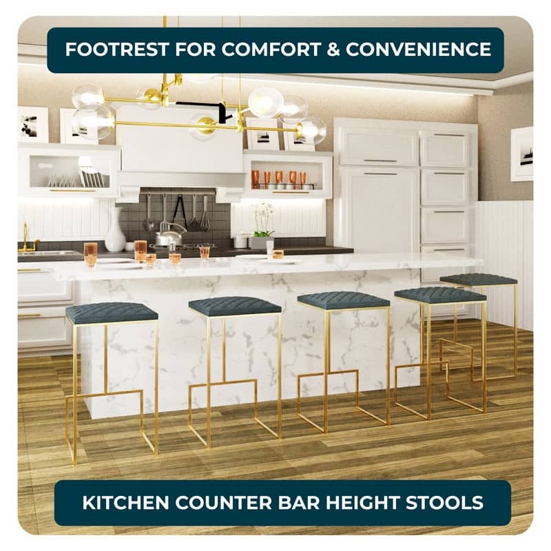 Quincy Modern Leather Barstool with Upholstered Square Seats in Gold Metal & Footrest for Home Bar & Kitchen Counter