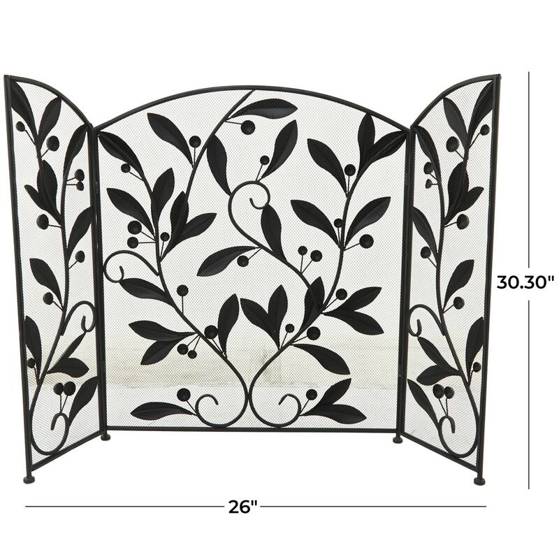 Metal Scroll Foldable Mesh Netting 3 Panel Fireplace Screen with Leaf and Vine Relief - Black or Red - Roche River Decor
