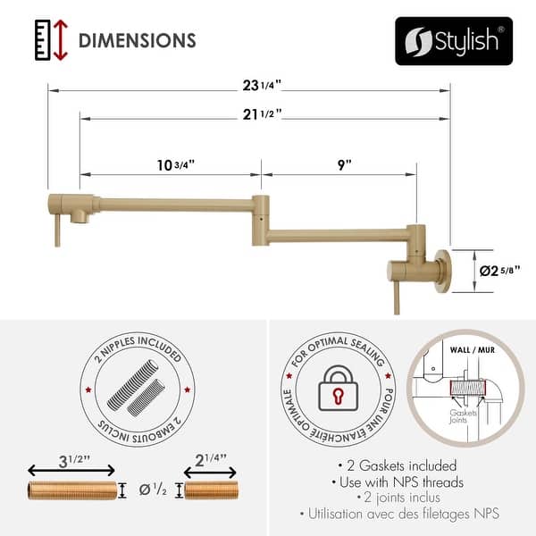 dimension image slide 0 of 2, STYLISH Asti Two Handles Wall Mount with Single Hole Pot Filler