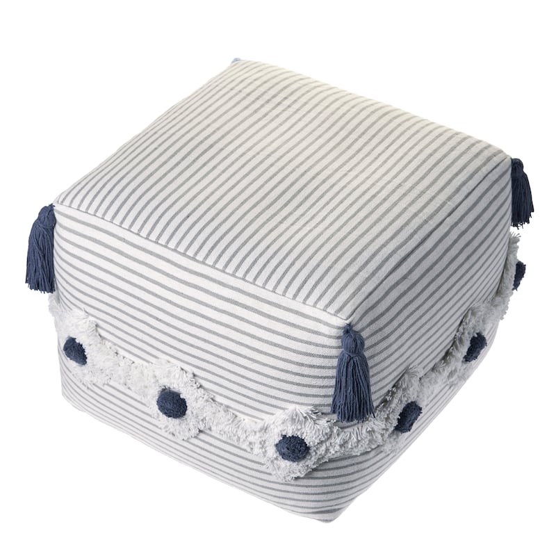 Striped Gray and Ivory Tufted Pouf