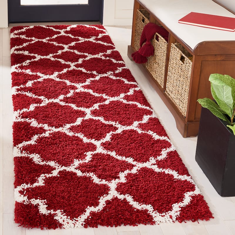 SAFAVIEH Hudson Shag Vitchka Glam Trellis 2-inch Area Rug - 2'3" x 8' Runner - Red/Ivory