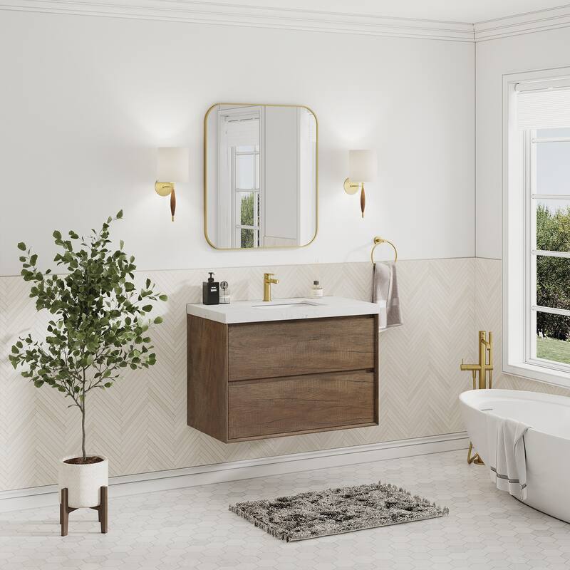 Sylphar 36 inch Bathroom Vanity with Sink, Floating Oak Cabinet with Stone Top