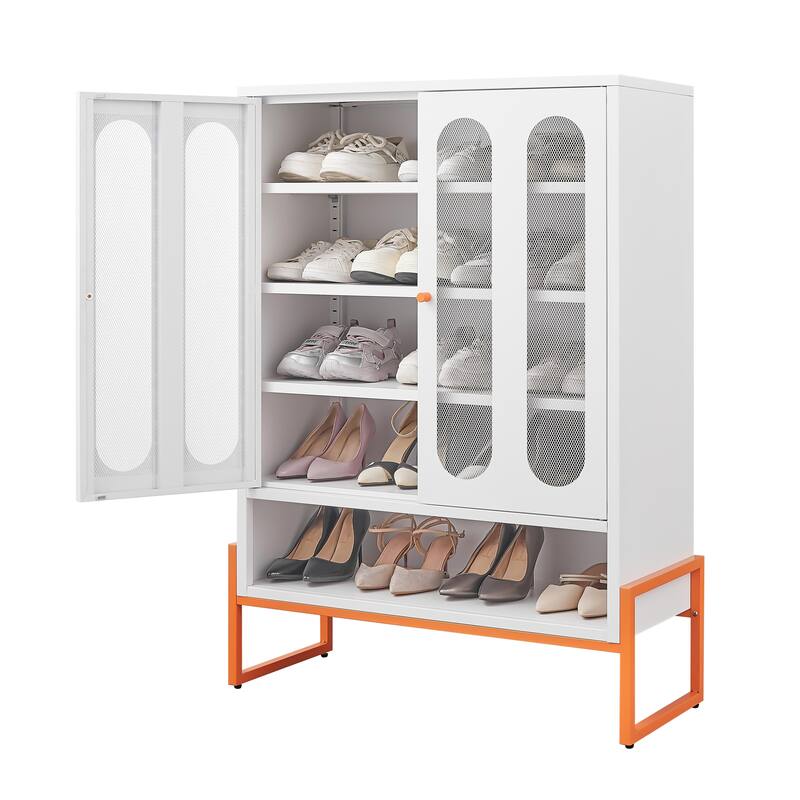 5.9"H Foot Double-Sided Door Shoe Cabinet With Movable Double-Layer Partitions And Hollow Base Moisture-Proof And Seismic Design - White