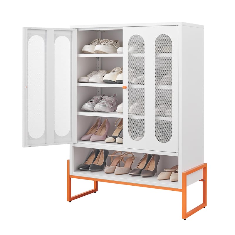 Modern minimalist double door shoe cabinet with adjustable mesh doors and high foot hollow storage cabinet bottom - White