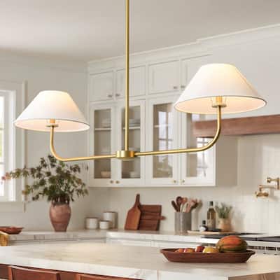 2-Light Modern Black/Gold Linear Fabric Cone Large Pendant Light for Kitchen Island