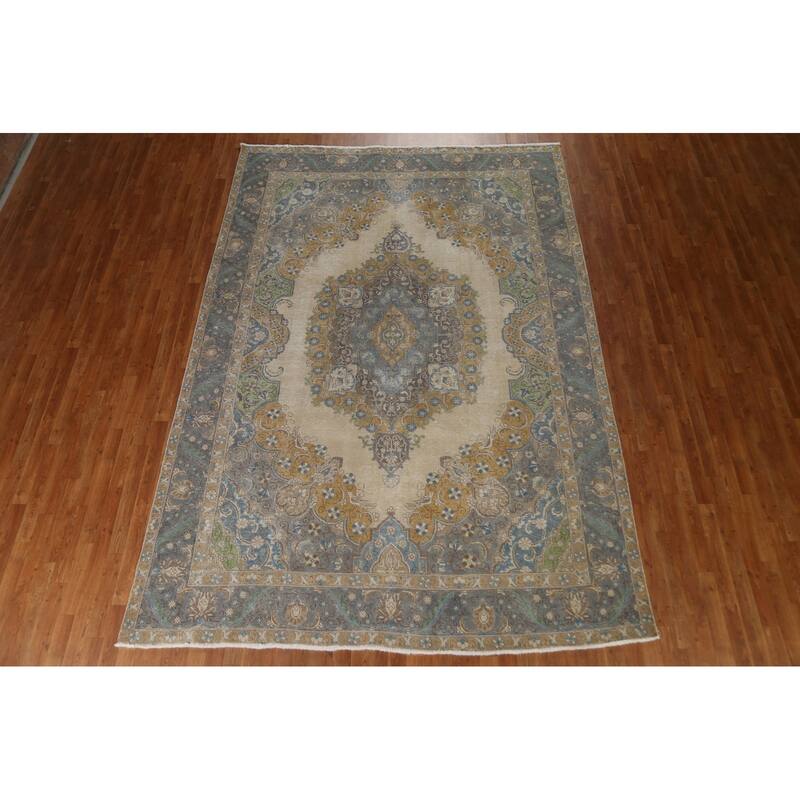 Hand Knotted Oriental 100% Wool Carpet Traditional Medallion Beige & Ivories Tabriz Area Rug - 11' 6'' X 8' 0''