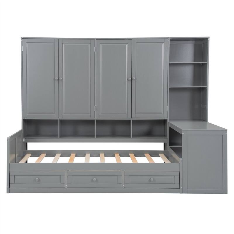 Twin/Full Size Daybed with All-in-One Cabinet and 3 Drawers, Wooden Daybed Frame Sofa Bed with Desk and Storage Shelves