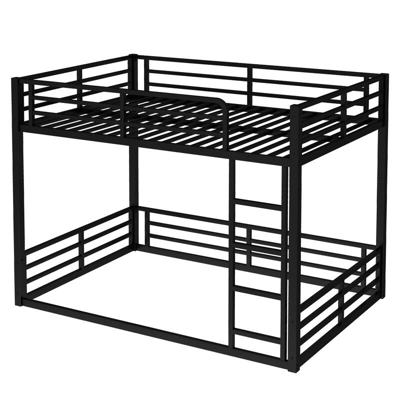 Metal Bunk Bed, Full over Full Floor Bunk Bed Frame,Heavy-Duty Bunk Bed for Kids, Teens, Adults, Noise-reduced Design, Black