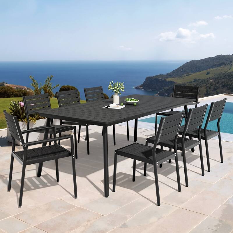 9PC Outdoor Patio Dining Set Aluminum Umbrella Hole Table with Stackable Chairs