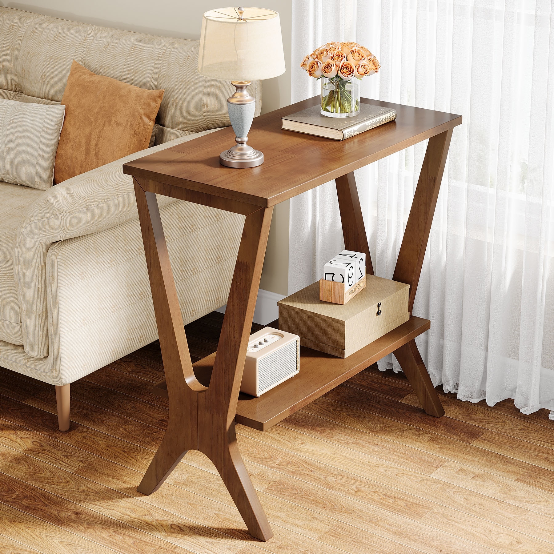 2-Tier Solid Wood End Table for Living Room with Sturdy Legs