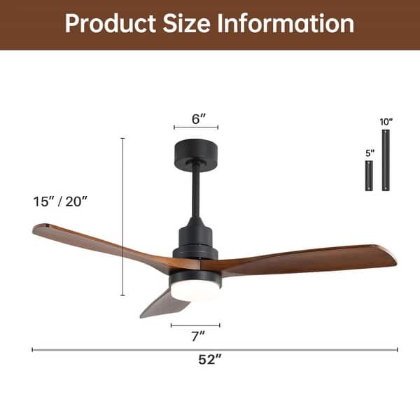 dimension image slide 11 of 29, Sofucor 42"/48"/ 52"/60"Noiseless Walnut Wood Ceiling Fan with Remote Control, Integrated Light Optional