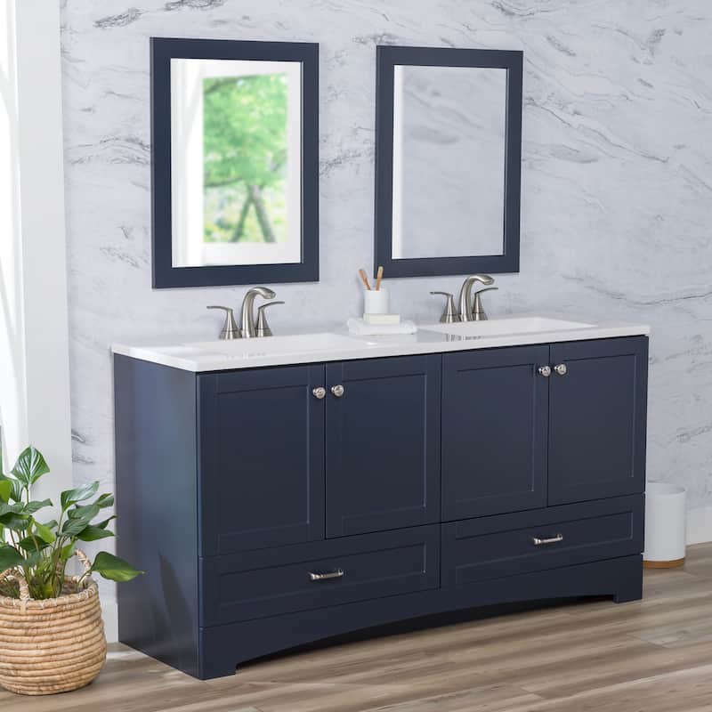 Spring Mill Cabinets Emlyn 60.5" Double Bathroom Vanity With Drawers and White Sink Top - Deep Blue