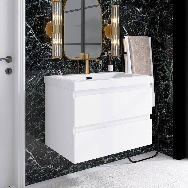 24"/30"/36"/48" Wall-Mounted 2-drawer Bathroom Vanity Set with Integrated Resin Sink