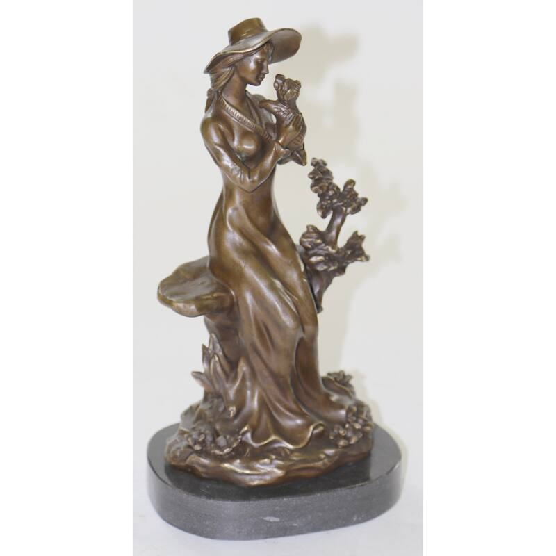 Rare Signed Lady W/ Dog Bronze Statue Figurine Art Deco Sculpture Figure Decor