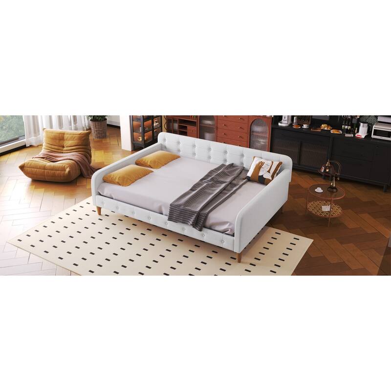 Roomfitters Full Size Upholstered Daybed, Mid-Century Modern Fabric Sleeper Sofa Bed with Tapered Wood Legs, Beige