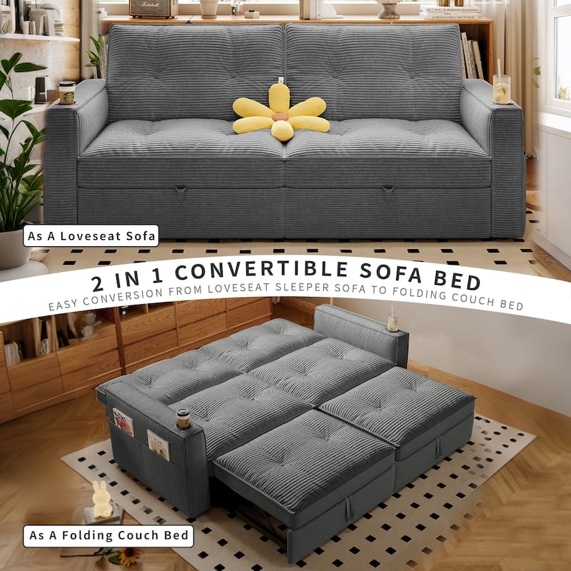 Multi-Functional Corduroy Loveseat Couch Convertible Sleeper Sofa Bed with Cup Holders and Side Pockets for Sitting, Sleeping