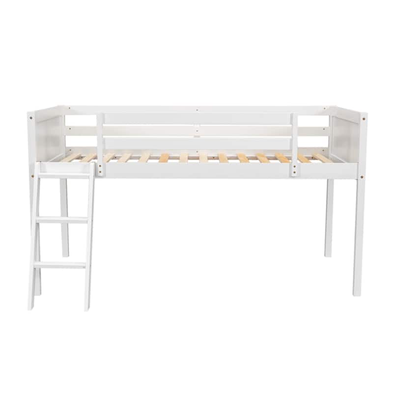 Twin Size Loft Bed with Ladder, Pine Wood Frame, Convertible Ladder Placement, Guardrails, and No Box Spring Required