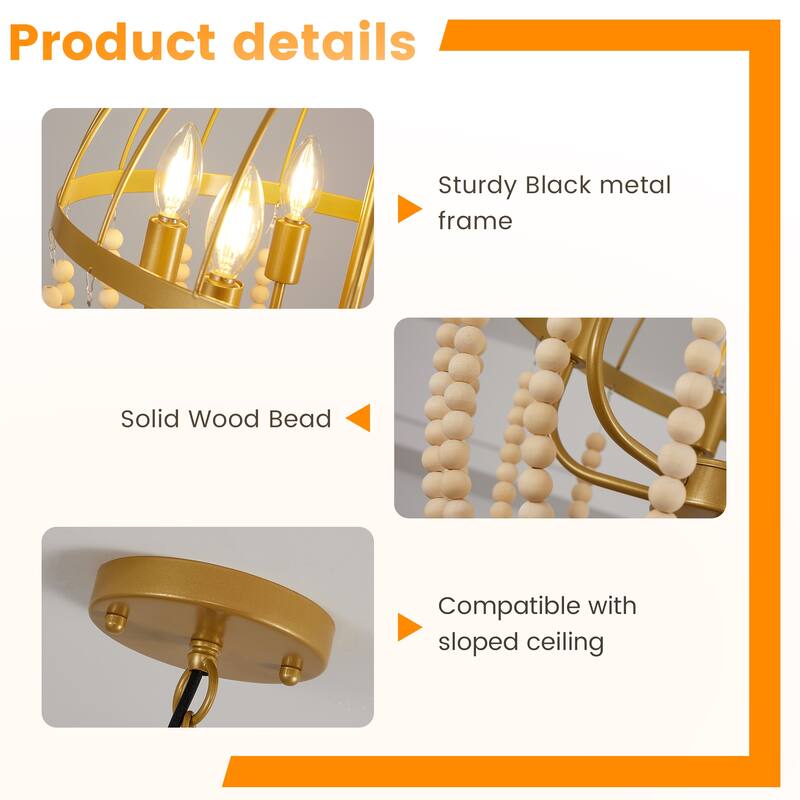 6-Light Metal Chandelier with Wooden Beads