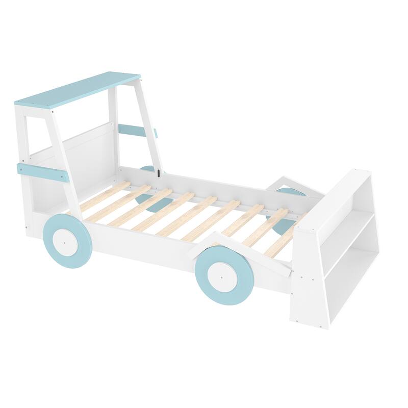 Roomfitters Twin Car Bed with Front Storage Shelf, Kids Platform Frame