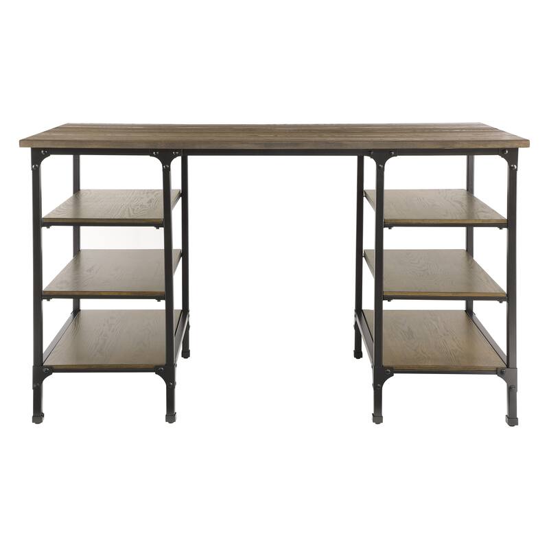 Modern Traditional Aesthetic 1pc Counter Height Writing Desk with 6x Shelves Natural Finish and Rustic Black Metal Finish - Oak