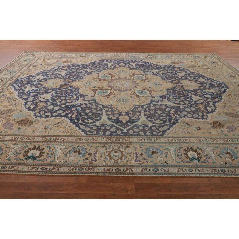 Blue Tabriz Persian Vintage Area Rug Hand-Knotted Wool Carpet - 9'11" x 13'2"