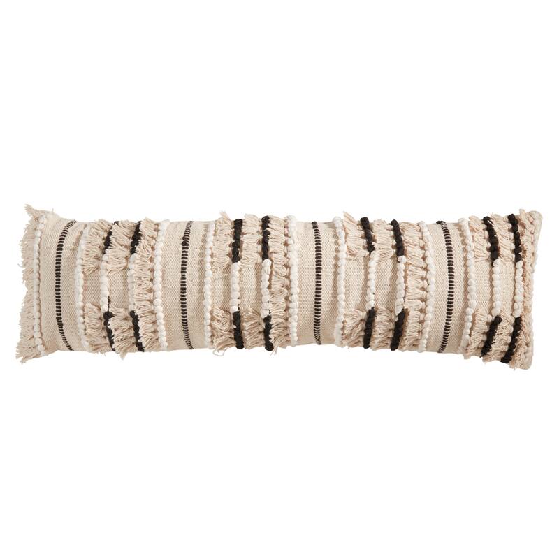 Stylish Fringe Poly Filled Pillow with Intricate Detailing - 13"x40" - Polyester - Natural