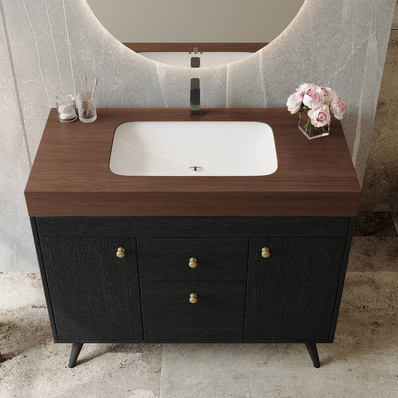 36" Modern Freestanding Bathroom Vanity with Sintered Stone Top, Ceramic Sink & Smart Storage