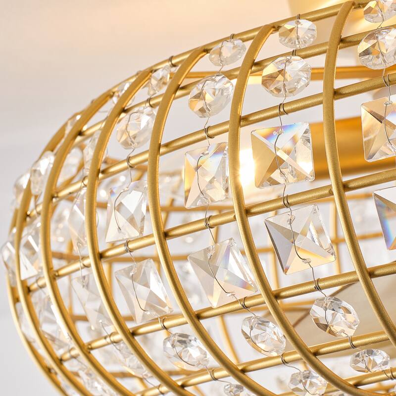 20" Modern Gold Caged 4-Light Crystal Low-Profile Flush Mount Ceiling Fan with Remote