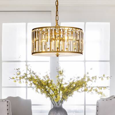 4 Light Modern and Contemporary Gold Latern Drum Chandelier With Crystal Accents - W 15.7"