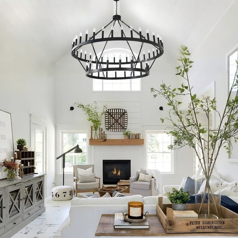 60-Inch Black Extra Large Wagon Wheel Chandelier, 2 Tier 54-Light Farmhouse Round High Ceiling Pendant Light - 60