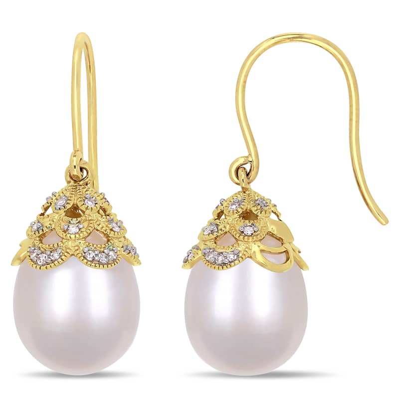 Miadora 11mm Cultured Freshwater Pearl 1/10 CT TW Diamond Filigree Earrings 14k Yellow Gold