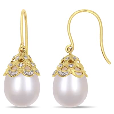 Miadora 11mm Cultured Freshwater Pearl 1/10 CT TW Diamond Filigree Earrings 14k Yellow Gold