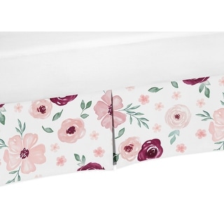 Burgundy and Pink Watercolor Floral Girl Crib Bed Skirt - Blush Maroon Wine Rose Green and White Shabby Chic Flower Farmhouse