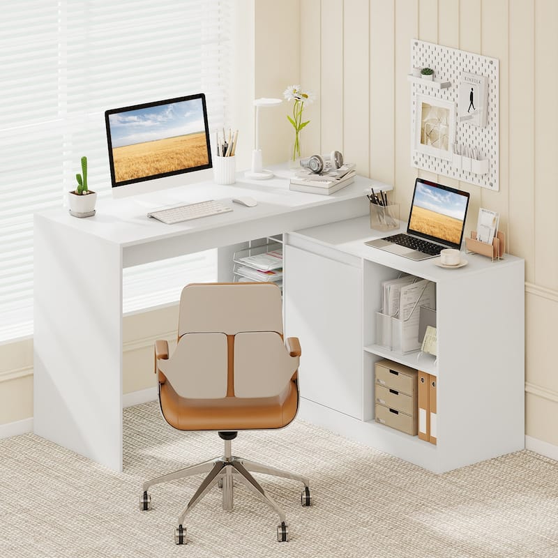 Gymax 48'' Reversible L-shaped Computer Desk w/2 Doors 4 Open Storage
