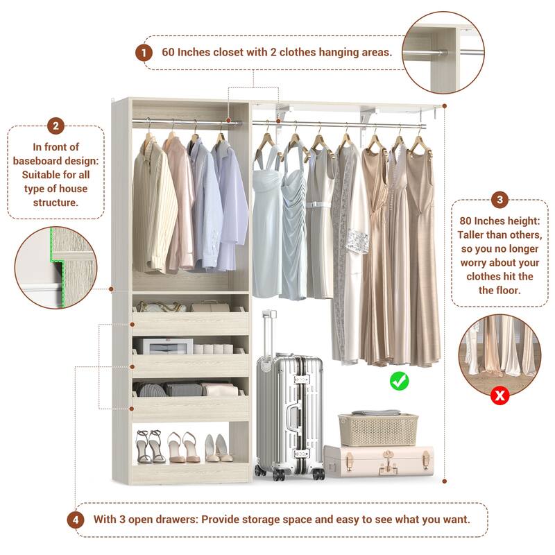 20"-60" Closet System with 3 Wooden Drawers and Sturdy Shelves and Retractable Rods