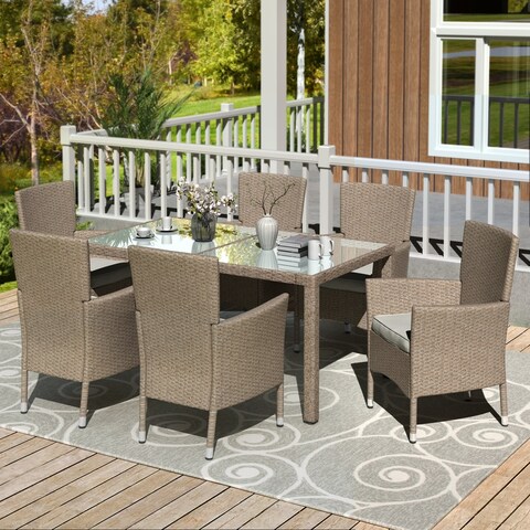 7 Piece Patio Dinning Table Beige-Brown Wicker Furniture Seating