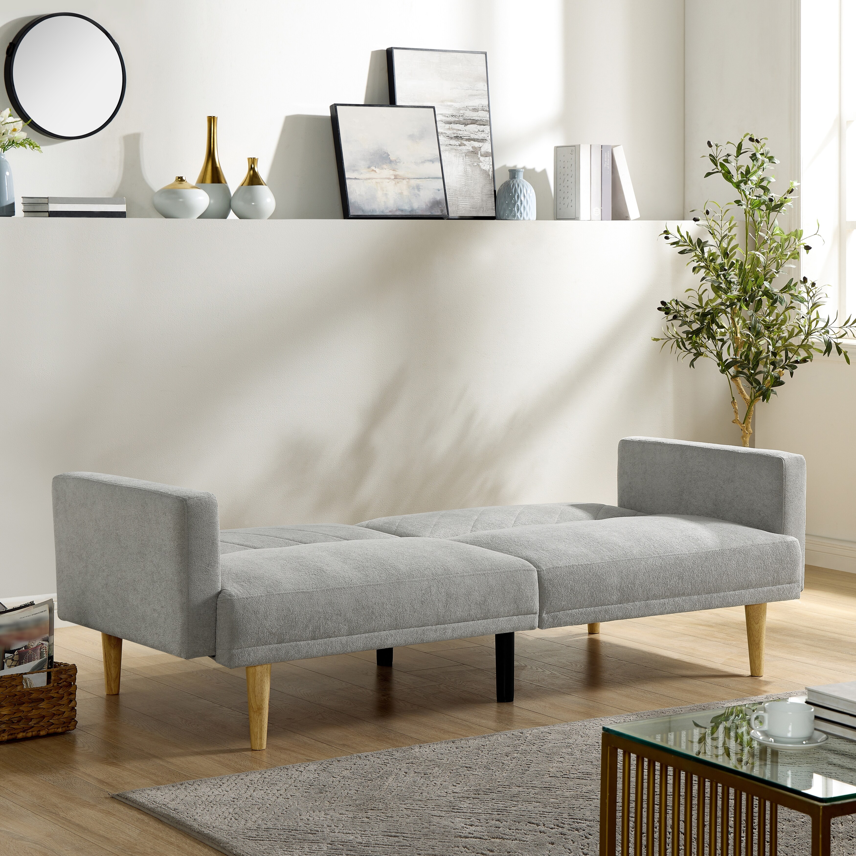 Multi functional Futon Sofa Bed Tapered Wood Legs Ideal for Small Living Rooms Easily Converts to Single Bed Grey