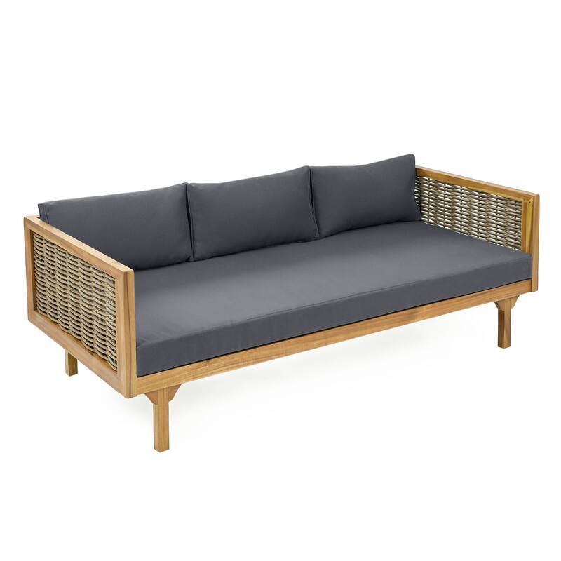 Acacia Wood Daybed with Rattan Arms Slat Paneling and Water Resistant Cushions