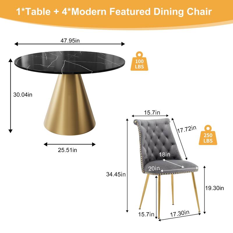 48" Marble Top Metal Dining Table with Velvet Dining Chair Set