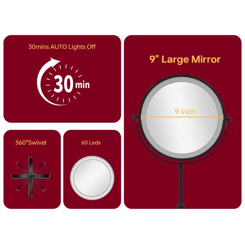 9" Lighted Makeup Double Sided 1X/10 Magnification Mirror, 3 Lighting